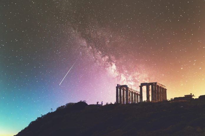 Temple of Poseidon with starry sky