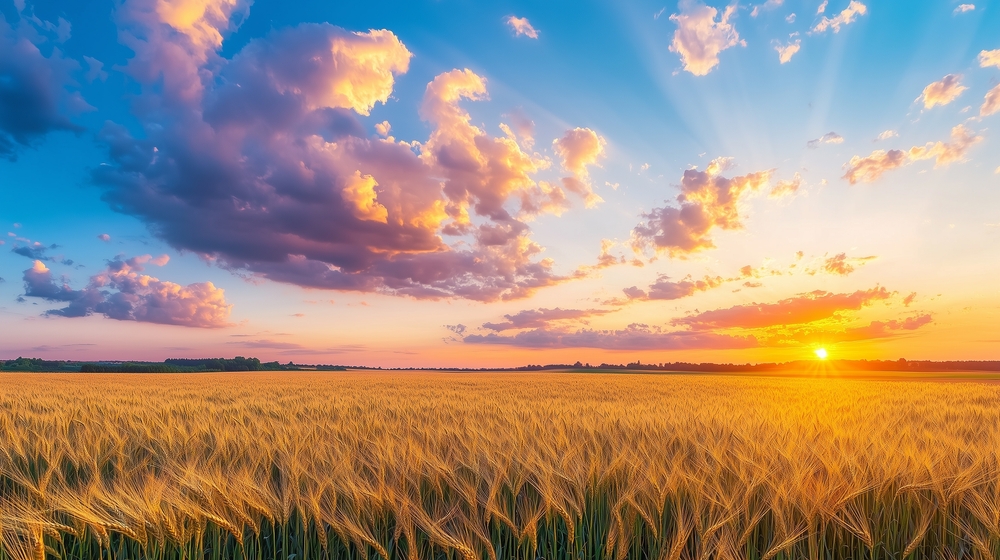 wheat field under a dramatic sunset